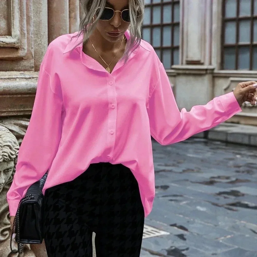 Pink Preppy Womens Solid Button Up Drop Shoulder Shirt